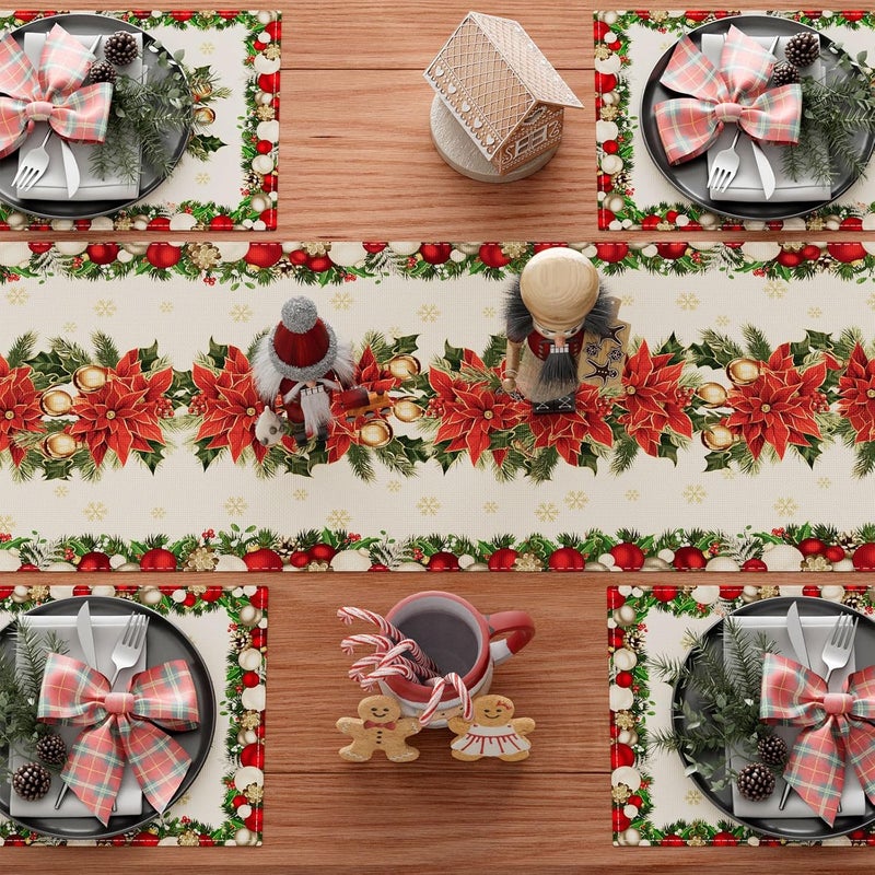 XCHI Christmas Poinsettias Leaves Bells Snowflakes Winter Xmas Table Runner Table Decoration for Home Kitchen Dining Holiday Decor 13x60 Inch - Image 4